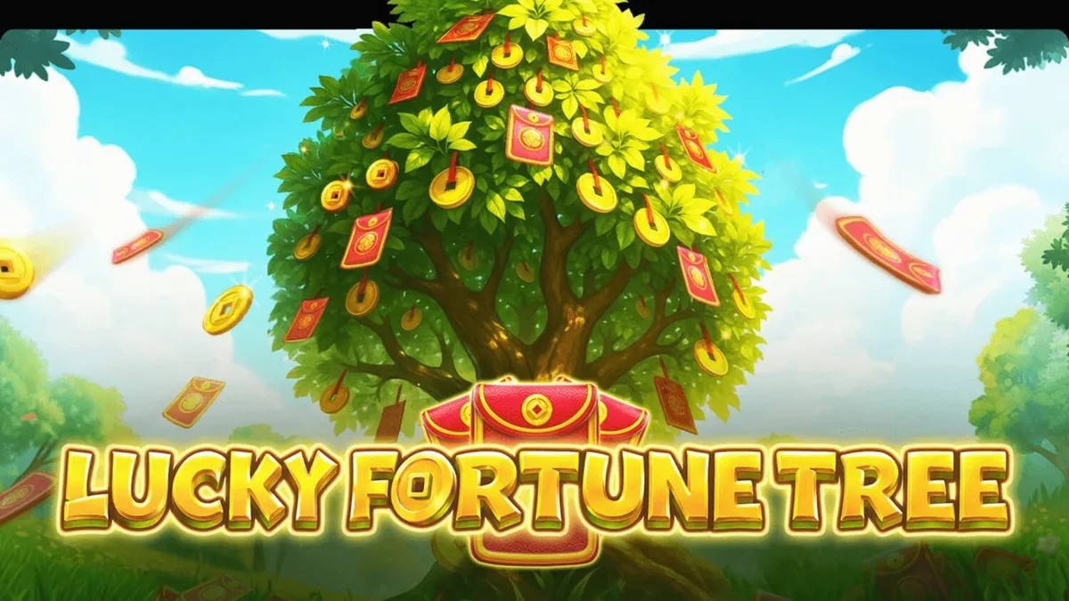 Lucky Fortune Tree slot game screen with golden coins and serene valley background
