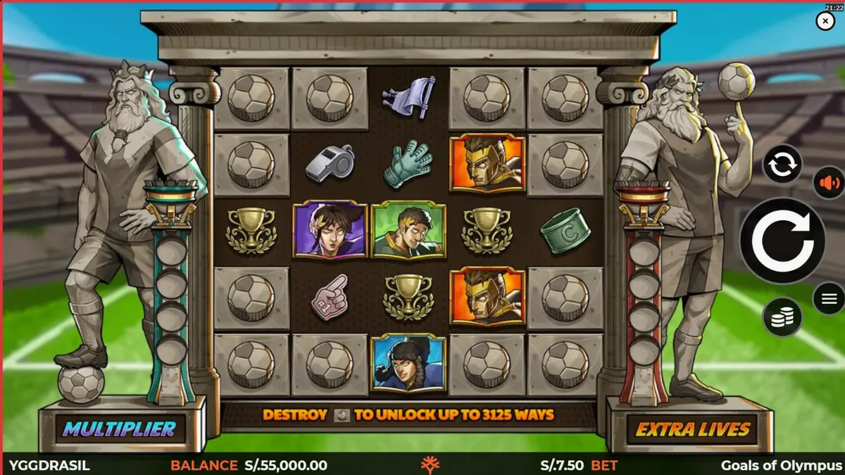Tampilan visual slot Goals of Olympus BoltLock dengan elemen sepak bola dan mitologi Yunani