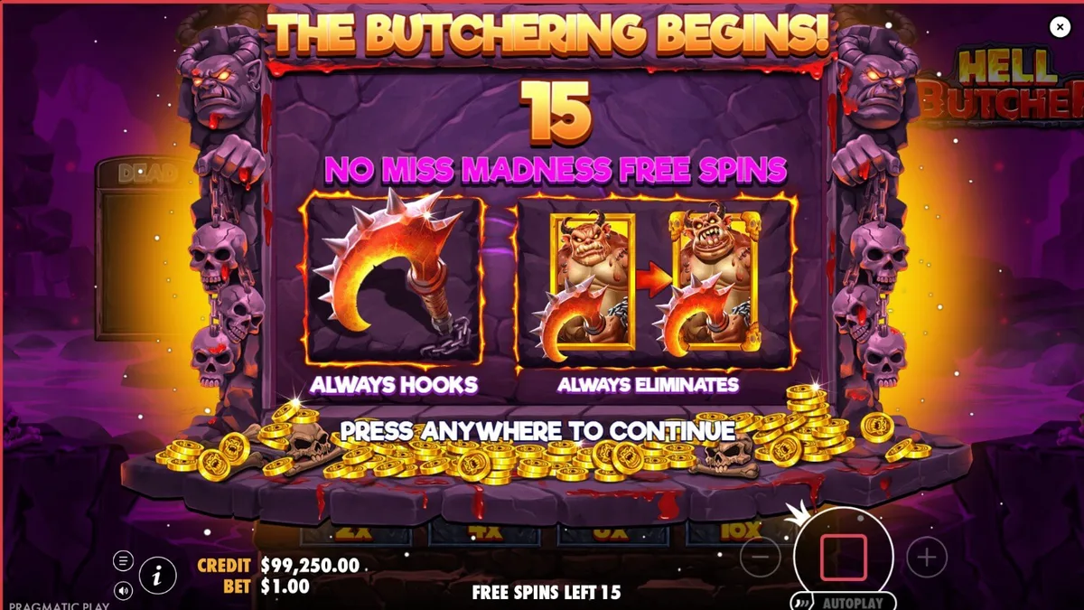 Tampilan visual slot Hell Butcher dengan tema horor dan simbol-simbol mengerikan.